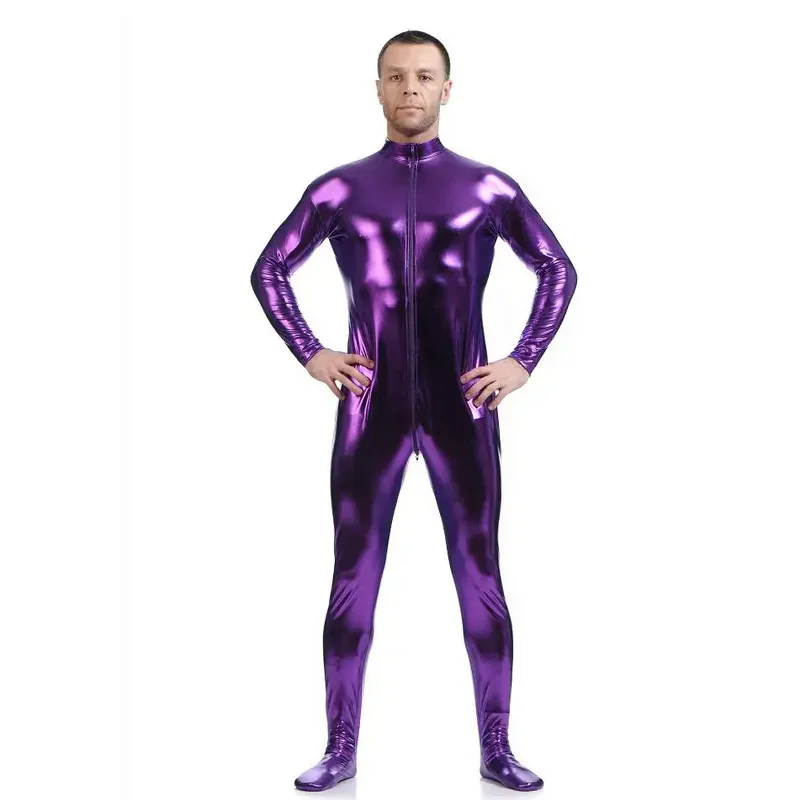 2020 Heren Latex Pak Zwart Glanzend Metallic Panty Goud Zentai Pak Full Body Unitard Custom Bodysuit Rits Voorkant Catsuit