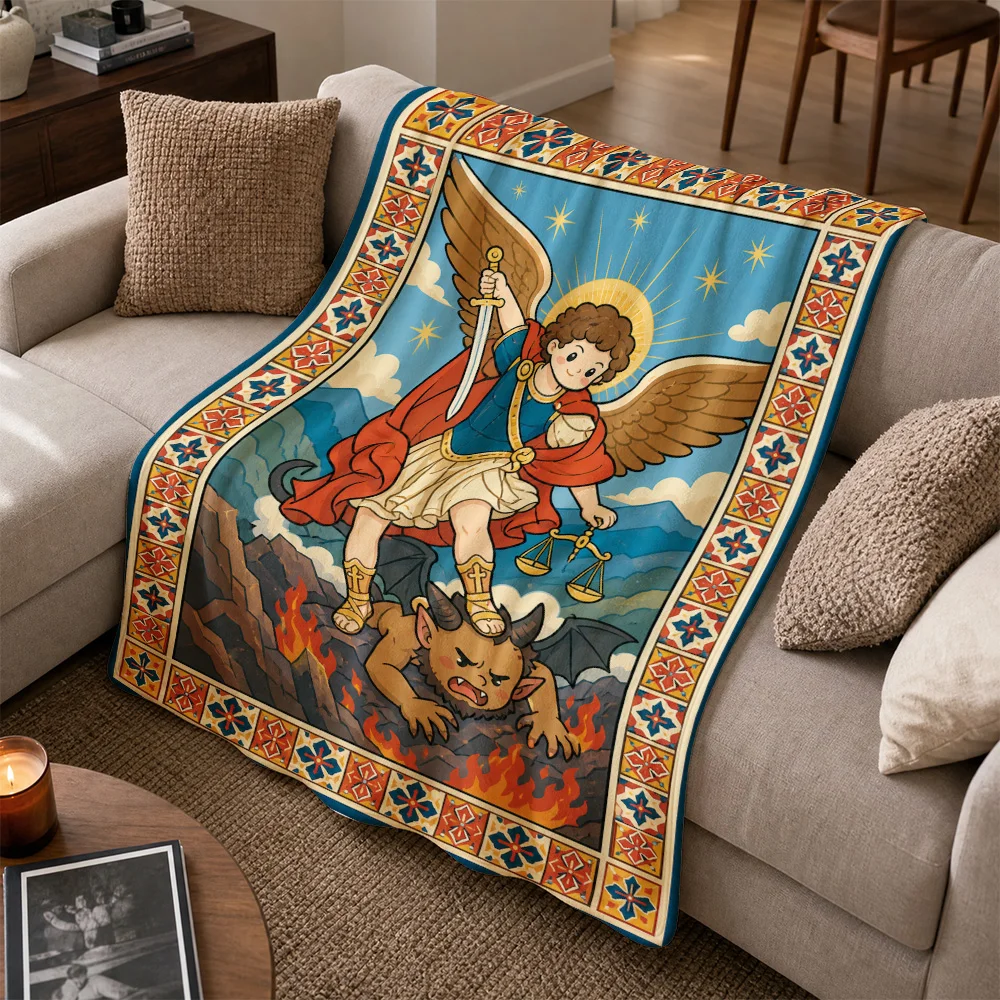 Premium Mythological Art Throw Blanket for Sofa Decorative Living Room Home Decor Baroque Design Justice Angel Devil Evil Good V