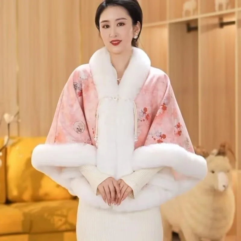 Womens Cloak Chinese Furry Collar Cape for Winter