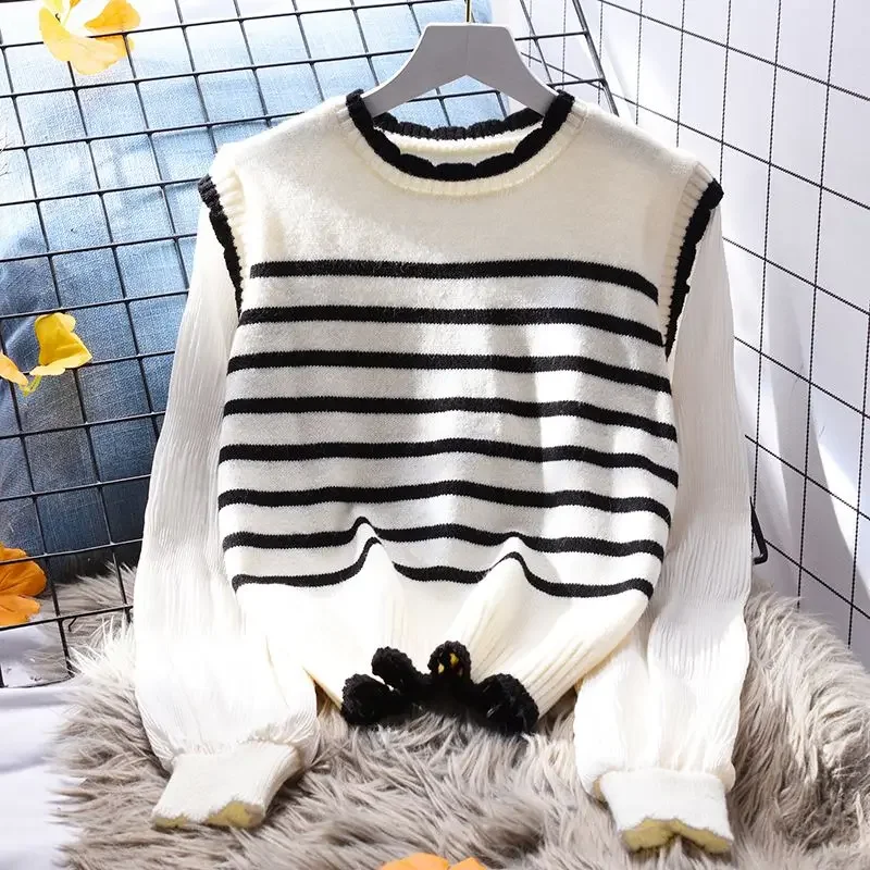 

Spliced Stripe Short Pullover Sweater Women Loose Outwear Korean Round Neck Versatile Knit Sweater Pullover Female Top P89