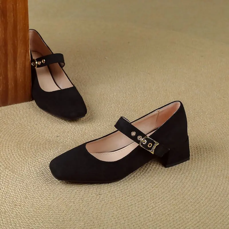 Brown Women Pumps Square Toe Flock Suede Buckle Strap Plus Size 41 42 43 Soft Leisure Daily Shoes Mary Janes Footwear