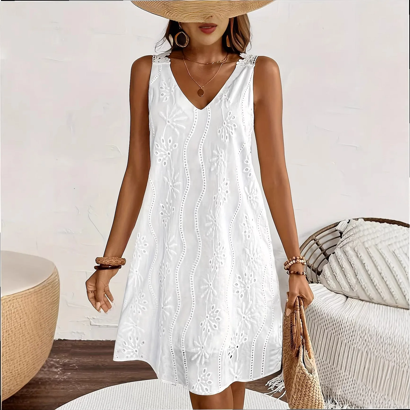 Women's Sleeveless V-Neck Lace Dress Summer Beach Vacation White Backless Dresses Jumpsuit Playsuit