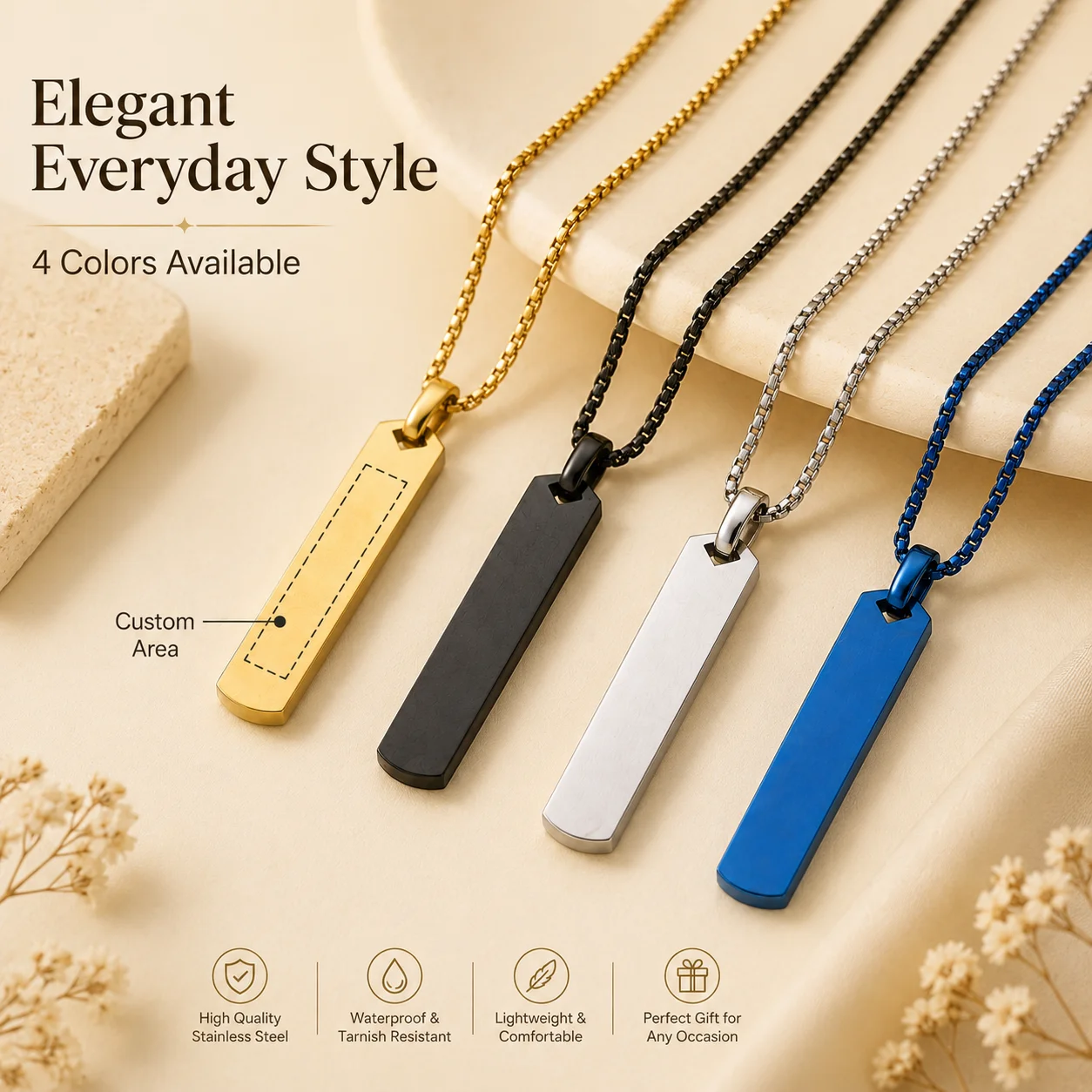 Custom Long Bar Pendant Necklace, Personalized Laser Engraved Name, Unisex Diy Jewelry Anniversary Gift, Custom Name Necklace - view 3