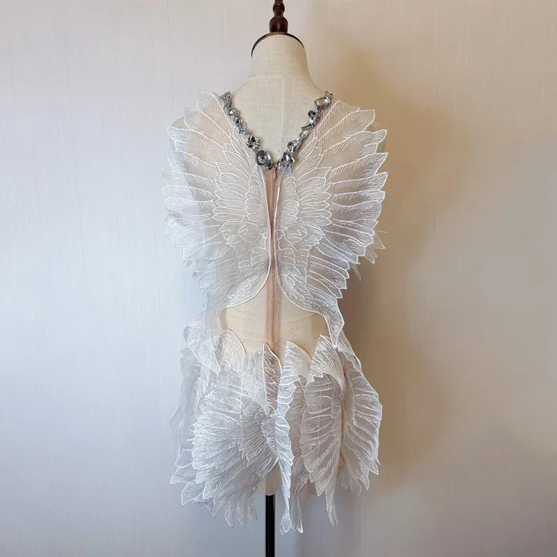 Robe de Soirée Sexy en Maille Blanche pour Femme, Tenue de Soirée à Strass, Col Licou, Boîte de Nuit, Dj DS Drag Queen, Costume de Scène, Rave