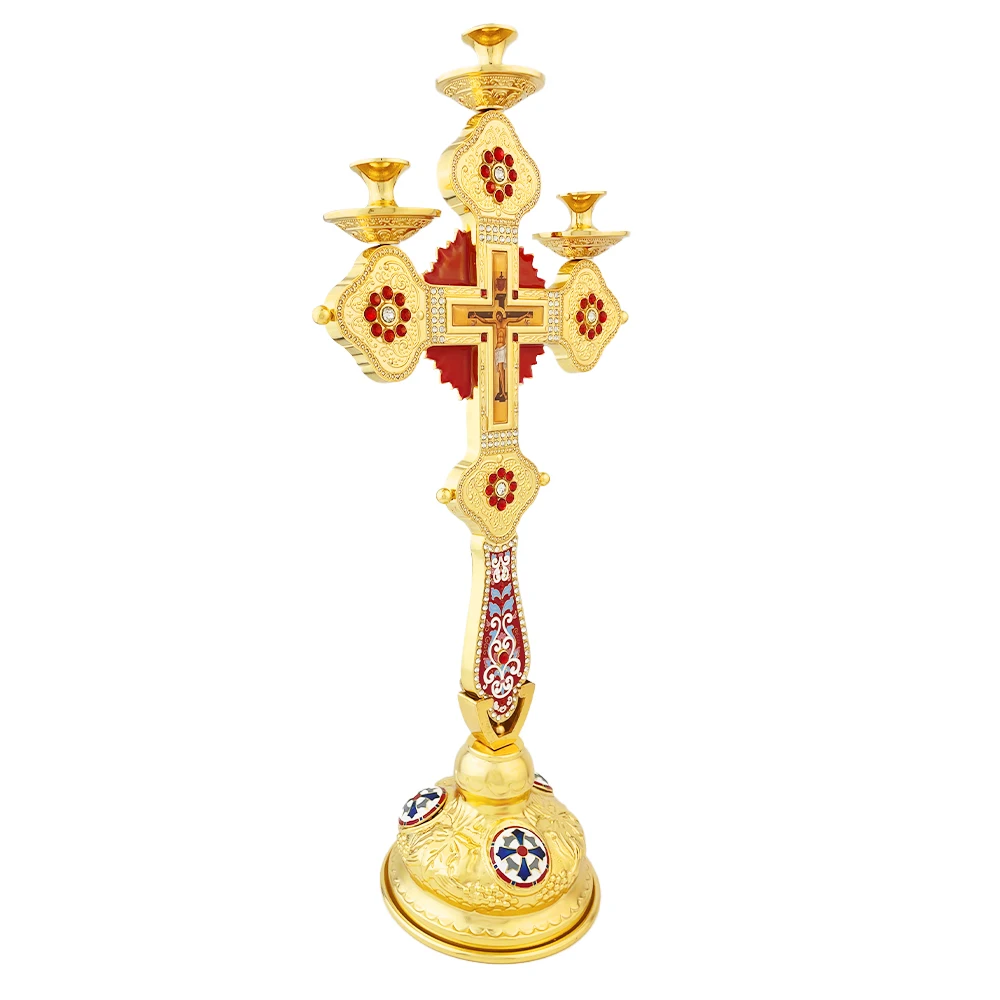 Orthodoxer Kreuz-Kerzenhalter aus vergoldeter Zinklegierung mit Jesus-Kruzifixion 16,3 Zoll Kirchenaltar-Dekoration Heim-Gebets-Religion-Geschenk – Detail 5