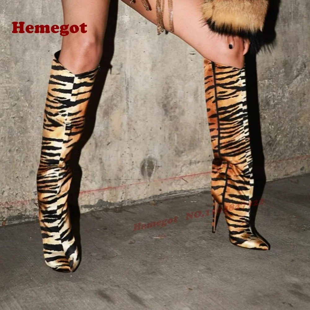 

Tiger-Pattern Stiletto Heels Women's Long Boots Pointy Toe Knee High Boots Winter Runway Fashion Shoes Winter Luxury 2026