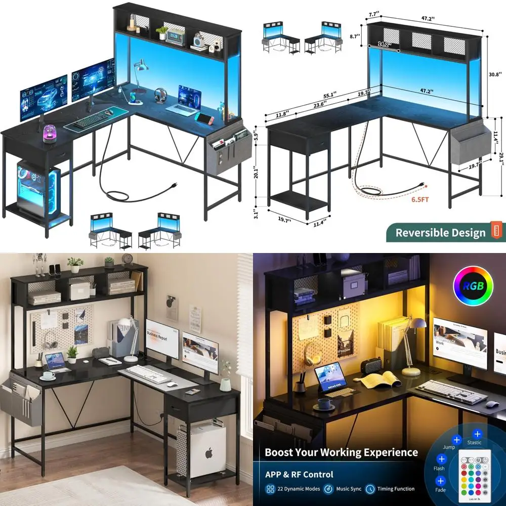 

LED-Equipped Reversible L-Shaped Gaming Desk with Power Outlet and Storage Solutions