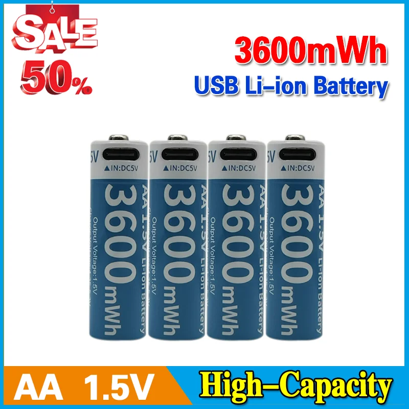 

Highest Capacity 1.5V 3600mWh AA Rechargeable Battery USB Type-C AA Li-ion Battery for Remote Control Smart Door Lock Toy