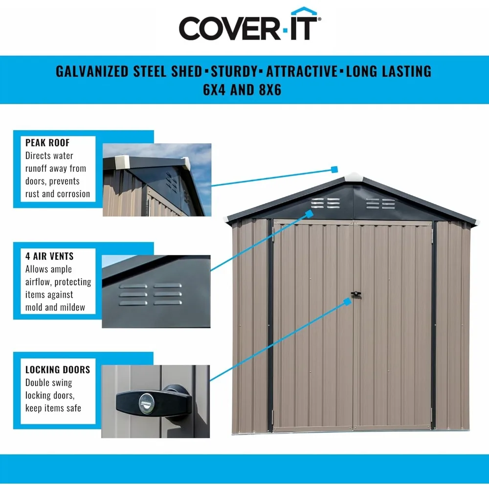 8x6 Metal Outdoor Galvanized Steel Storage Shed with Swinging Double Lockable Doors for Backyard or Patio Storage of Bikes