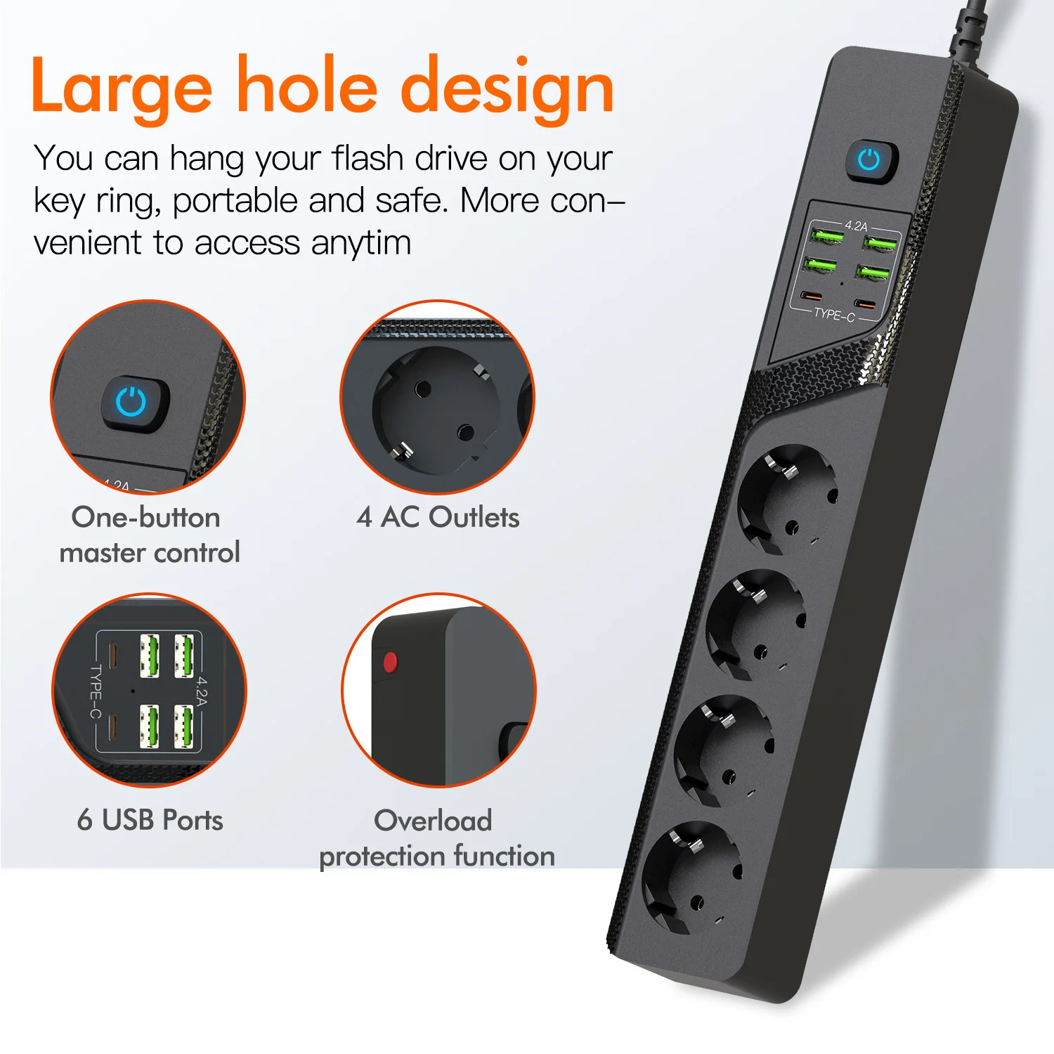 

BKL-03 European 4-bit Multi-function USB German Standard Socket Overload Protection Extension Cable TYPEC High Power Socket