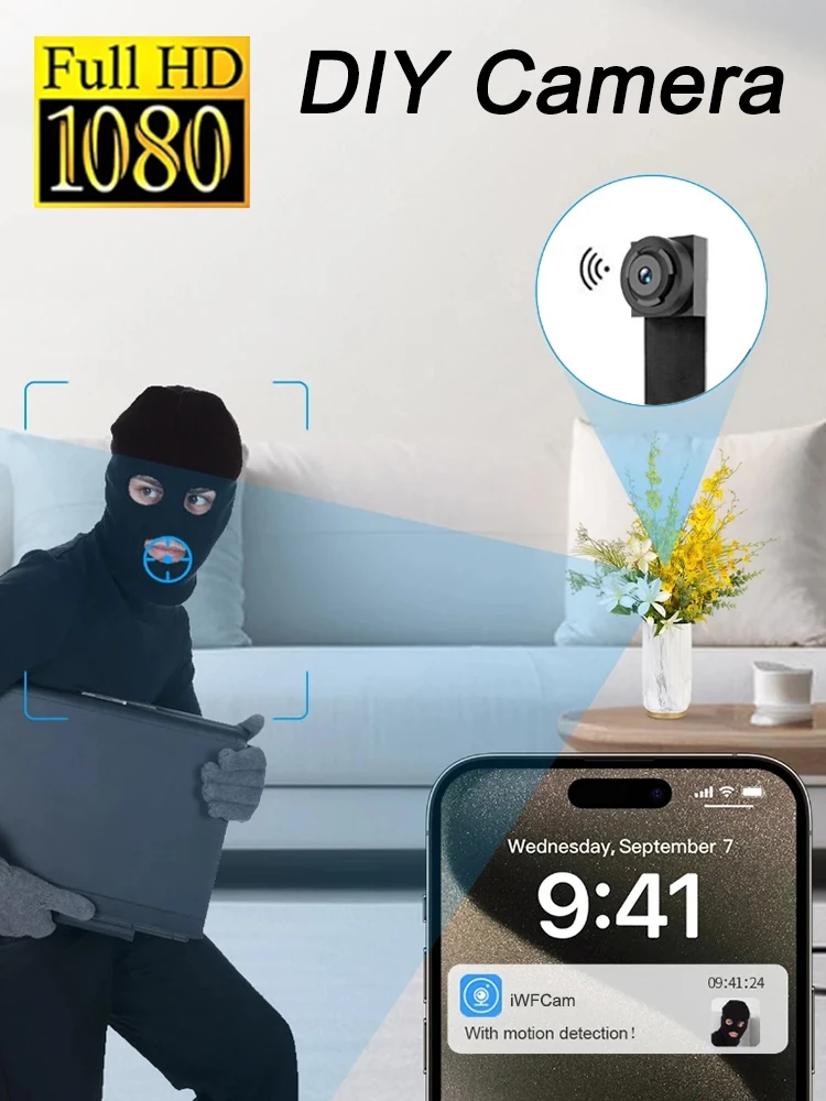 1080P HD DIY WiFi Mini Camera Draagbare Videorecorder Micro Camcorder P2P Draadloze Webcam Loop Recording Ondersteuning Remote Viewing - afbeelding 2