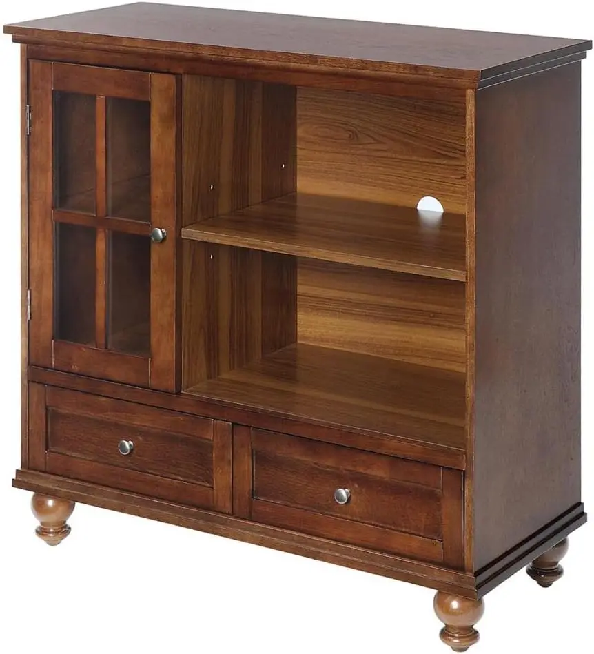 Tahoe Highboy TV Stand Dark Walnut Features 2 Open Shelves Cabinet with Tempered Glass Antique Brass Knobs Wooden Legs