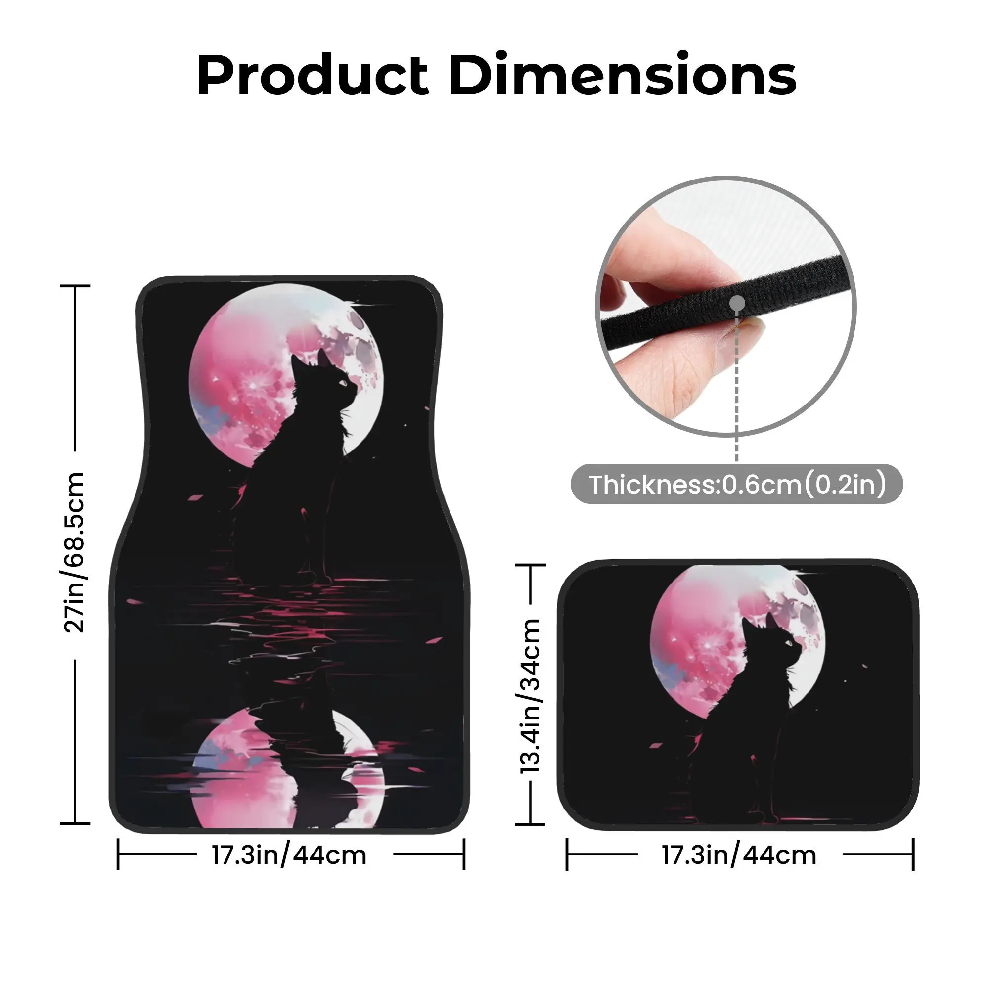 4pcs Moonrise Black Cat: Mirror Flower & Water Moon Car Floor Mat Set - Easy-Clean Interior Additions | Universal Fit For Most V