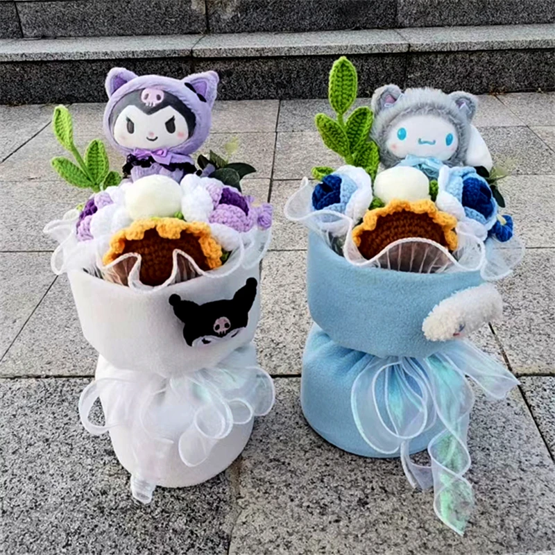 Hello Kitty Kuromi Melody Cinnamoroll Rose Sunflower Hand Woven Bouquet Kawaii Sanrio Anime Valentine's Day Holiday Gift