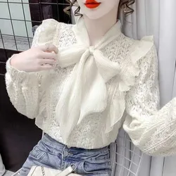 Elegant Lace Spliced Ruffles Lace Up Bow Blouses Women's Clothing 2023 Autumn Loose Chic Tops Office Lady Shirts