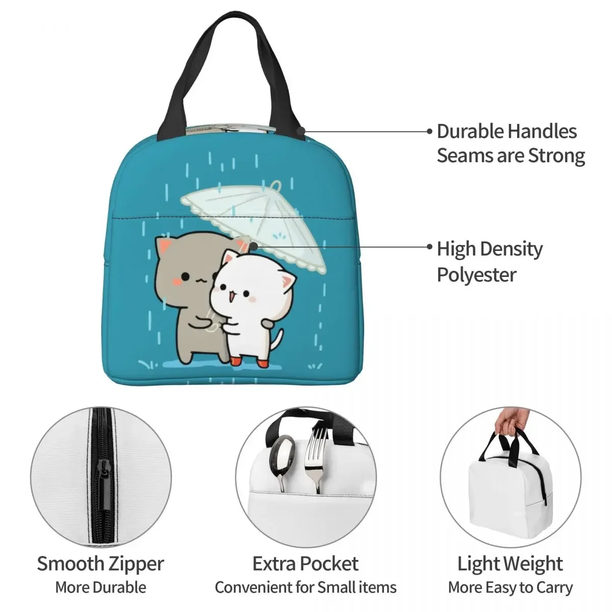 Peach And Goma Mochi Cat Lunch Bag for Camping Travel Waterproof Insulated Thermal Cooler Lunch Box For Women Kids Schoool Food