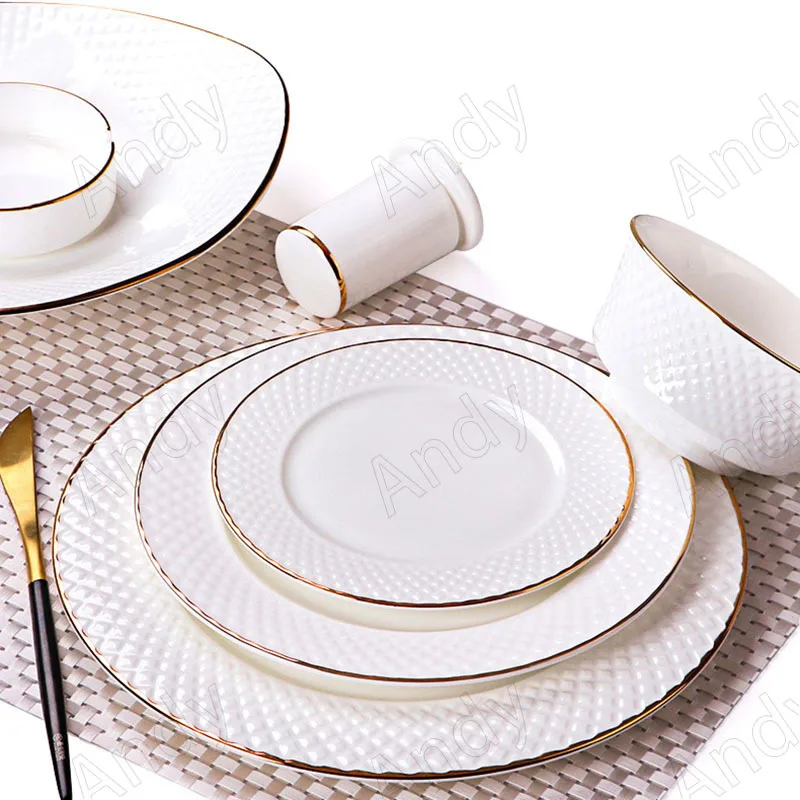 Golden Stroke Ceramic Dinner Plate Set French Grid Embossed Decor Western Steak Dish Modern Home Desktop Fruit Salad Plates