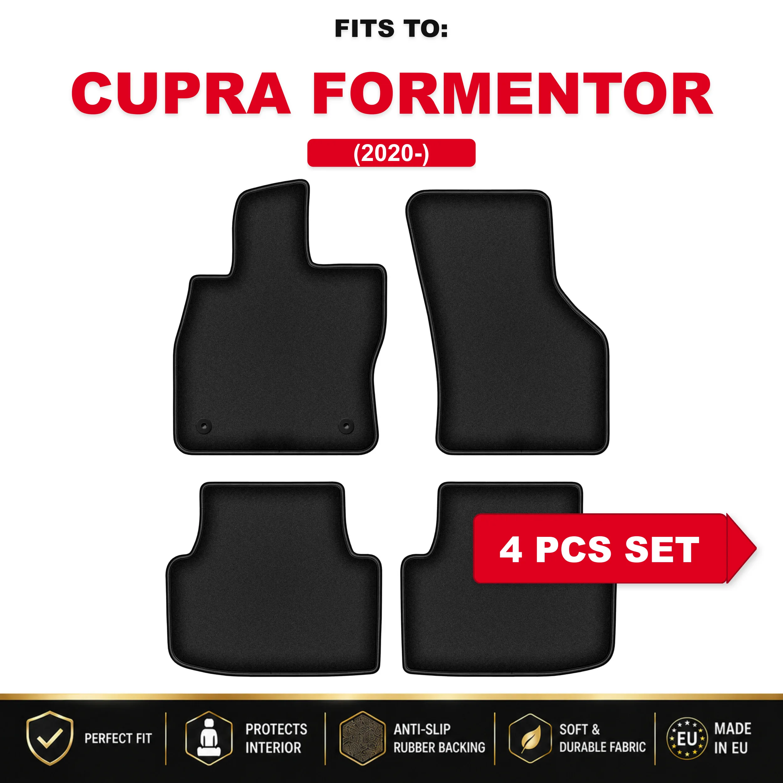 Zwarte velours autovloermatten, 4 stuks Voor: Cupra Formentor 2020- SUV automatten set