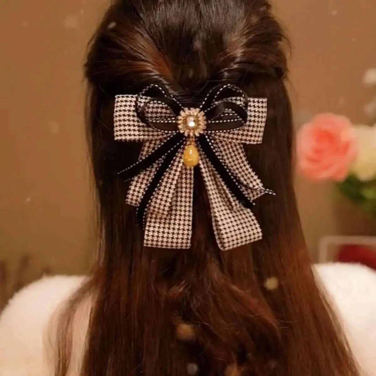 

Checkered Retro Bow Hairpin Headpiece Korean Four Seasons Simplified New Hairband