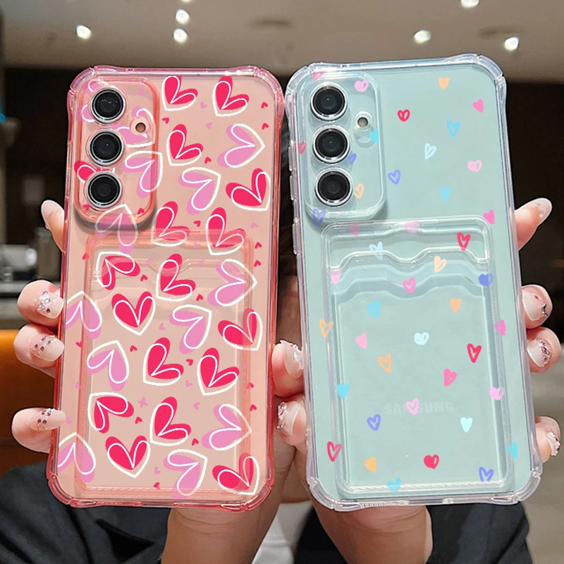 Card Slot Phone Case For Samsung Galaxy S26 S25 S24 Ultra S23 S25 FE A57 A37 A17 A56 A55 A16 A54 5G Love Heart Printed TPU Cover
