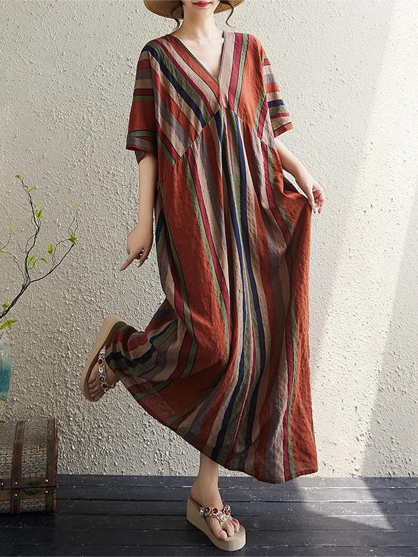 กระโปรงยาวทรงหลวมพิมพ์ลายผ้าฝ้ายลินินสำหรับผู้หญิงไซส์ใหญ่ ทรงวี คอวี แขนสั้น สไตล์เรโทร เหมาะสำหรับใส่ไปทำงานในฤดูร้อน