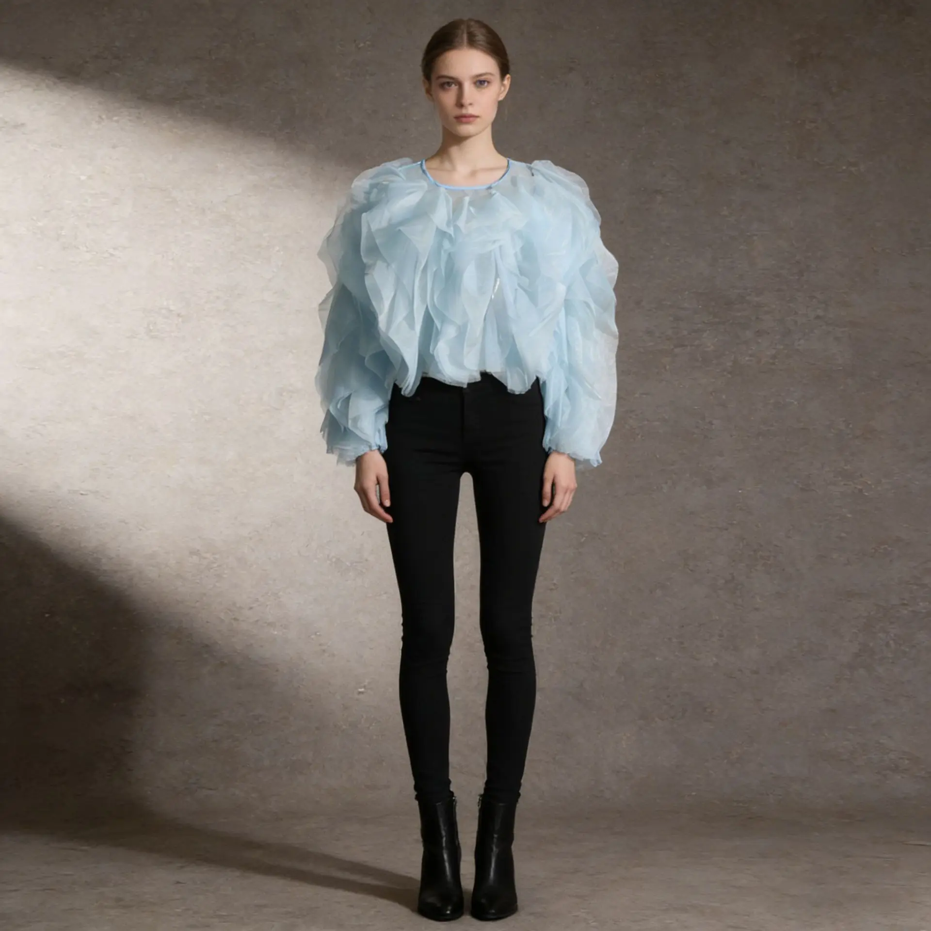 

Women's Ruffled Organza Crop Top Puff Sleeve Sheer Tulle Blouse Back Tie Sweet Fairy Party Tops Multiple Colors Available