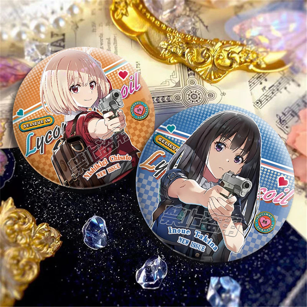 58mm Anime Lycoris Recoil Inoue Takina Nishikigi Chisato Cosplay COSTUME Badge Pin SPTE Tinplate Brooch﻿ Prop Gilf