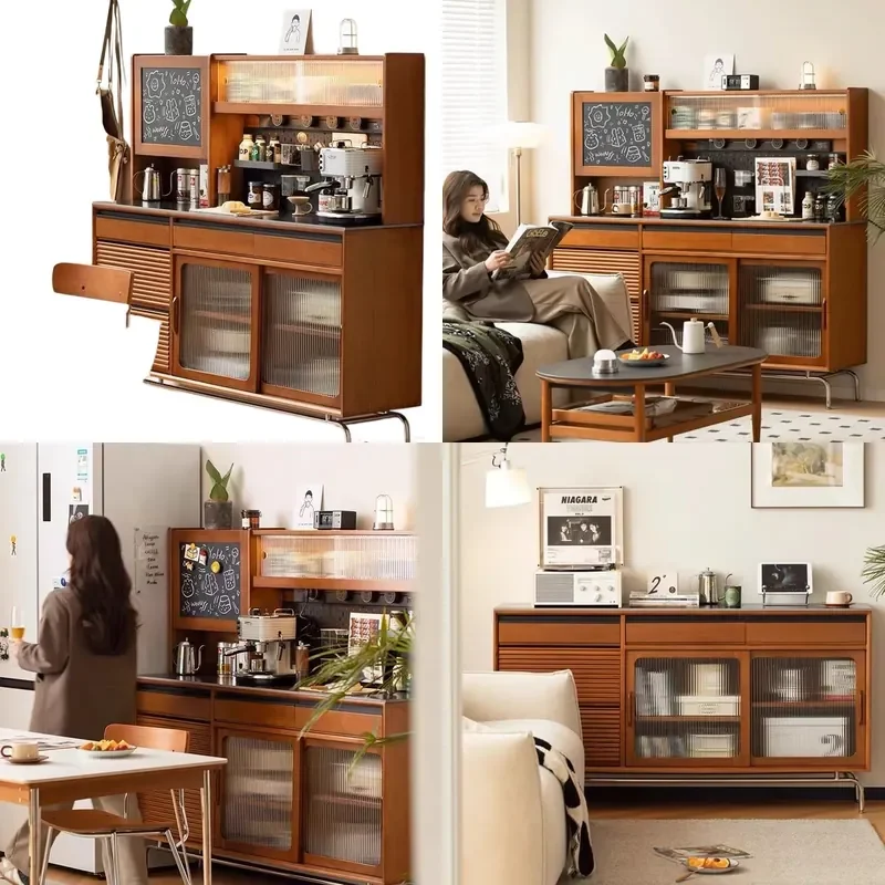 Nordic Solid Wood Dining Side Cabinet Retro High Tea Storage Locker Integrated Against Wall Japanese Wine Cabinet Kitchen