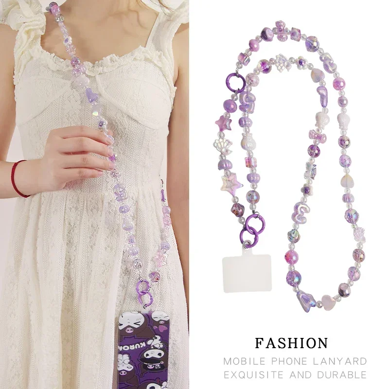 Mobile Phone Lanyard Cross-body Crystal Beads Handmade Beaded Chain Purple Beads Chain Mobile Phone Lanyard Phone Case