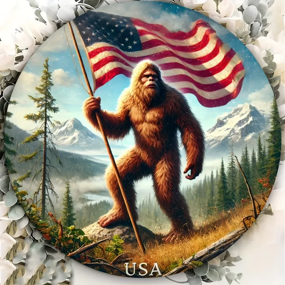 لافتة معدنية Sasquatch أمريكية عتيقة ثنائية الأبعاد - طباعة مستديرة ثنائية الأبعاد، فن جداري مقاوم للماء والغبار للمنزل