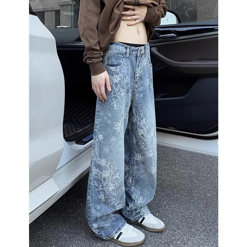 

Мужские оригинальные модные джинсы с цветочной вышивкой, прямые брюки со средней посадкой, американский стиль, для весенне-осеннего сезона