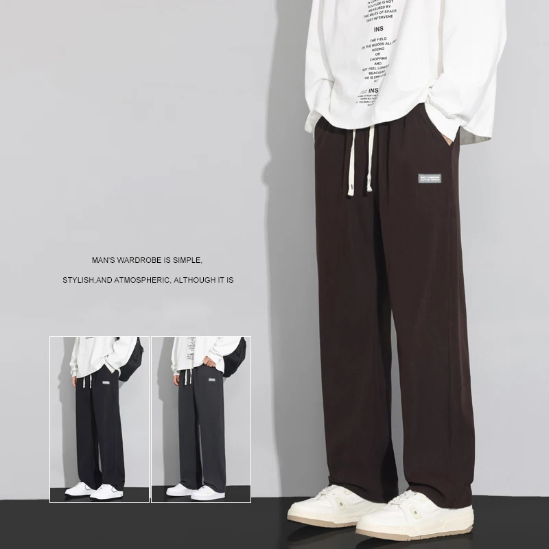 

Autumn Corduroy Pants Men Straight Loose Drawstring Casual Knitted Pants Comfortable Fashion Korean Wide-leg Sweatpants Male