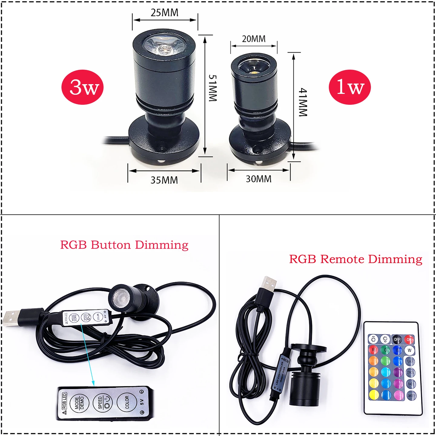 Spot LED RGB Ohlite USB 5V Dimmable Mini Projecteur de Plafond 1W 3W à Montage en Surface pour Vitrine, Maison de Poupée, Bijoux