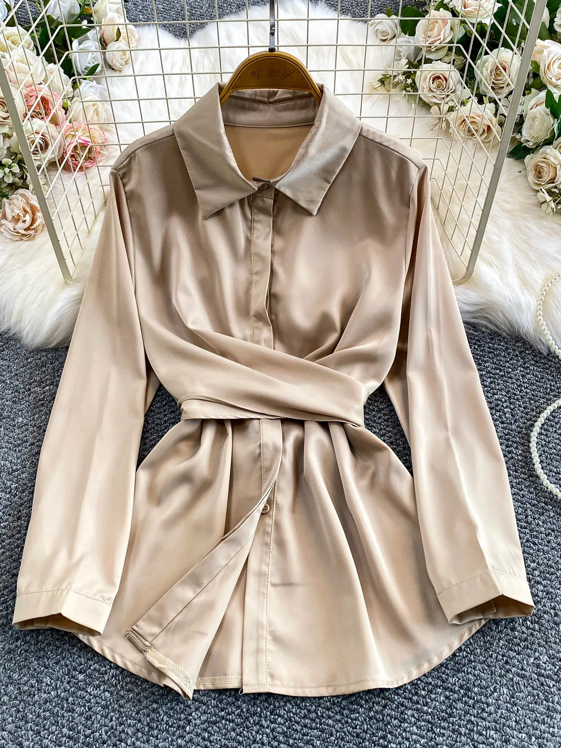 

New Anti-Wrinkle Satin Long Sve Sun Protection irt Dr Women's Autumn Winter Slimming Wrap Sle Medium Length Outerwear