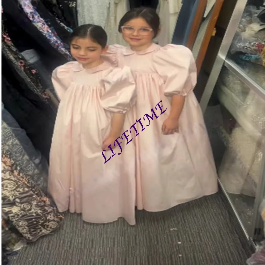 

CustomizedCustom Pink Satin Bubble Half-Sleeve Children's Dress Elegant Girly First Communion Wedding Party Activity Dress For G