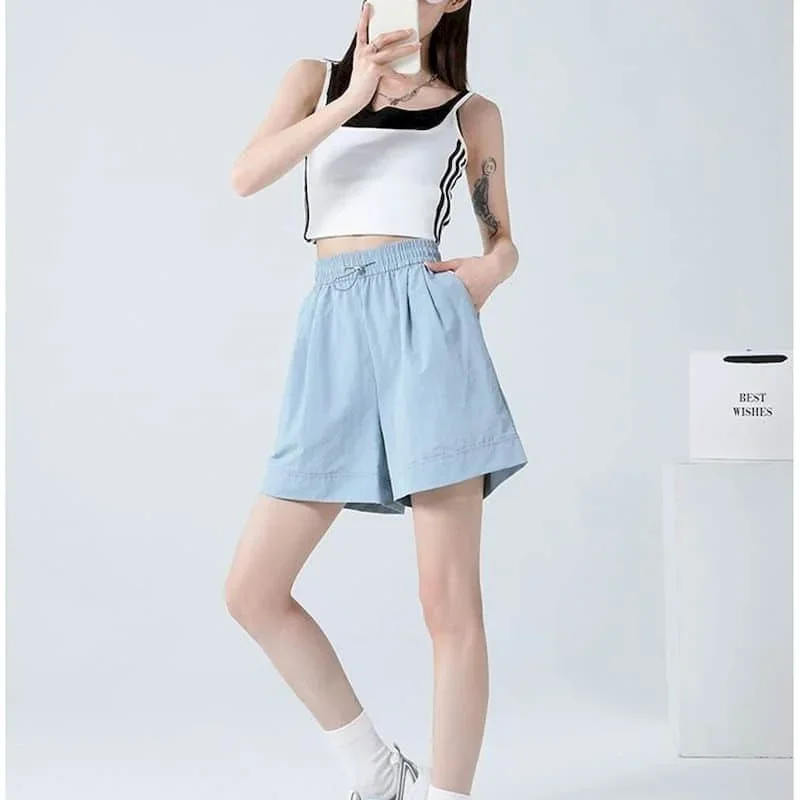 Pantaloncini solidi Donna Casual Paracadute allentato A-line Pantaloncini a gamba larga Stile Safari Pantaloni caldi in vita elastica Streetwear Abbigliamento donna