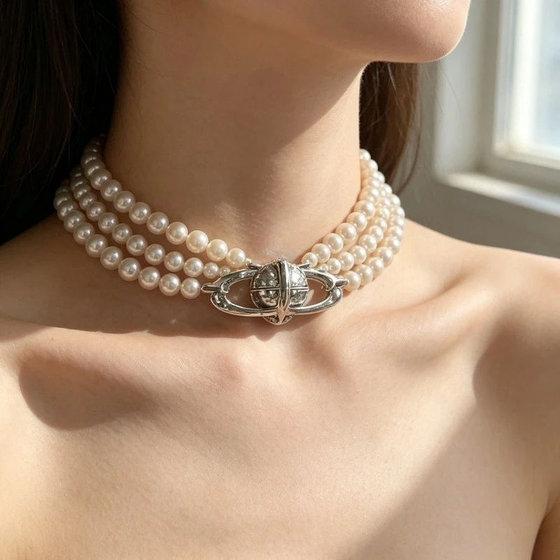 Three Row Pearl Saturn Orb Choker Platinum Plated Brass Crystal Necklace for Women Wedding Party - view 3