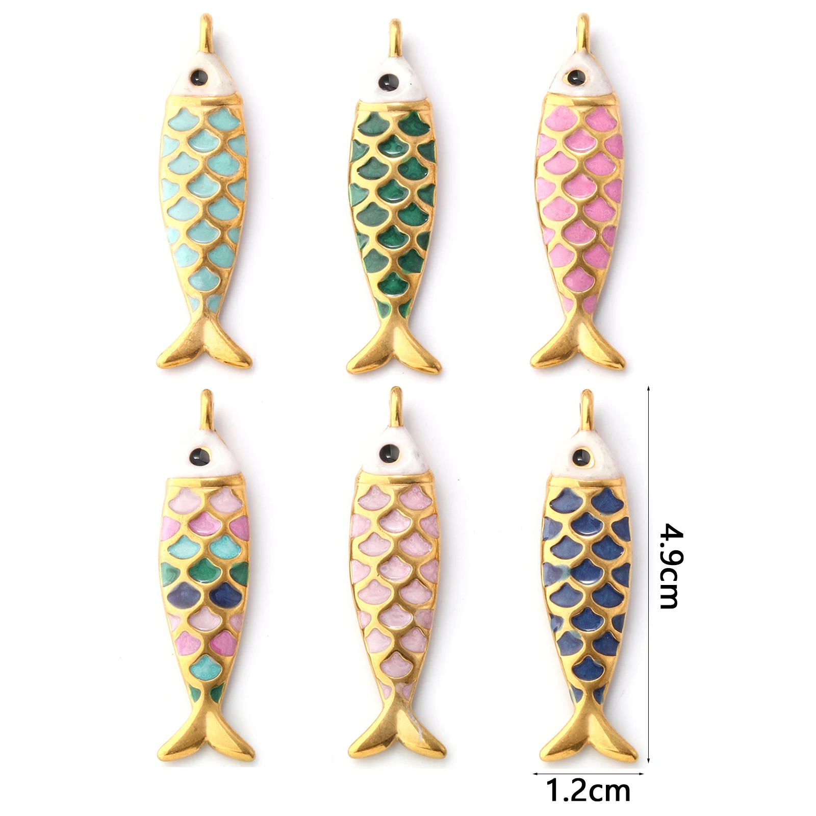 1 unidad de colgantes de océano de acero inoxidable 304, pez esmaltado perlado, abalorio chapado en oro de 18 quilates para collar DIY, fabricación de joyas, 4,9 cm x 1,2 cm