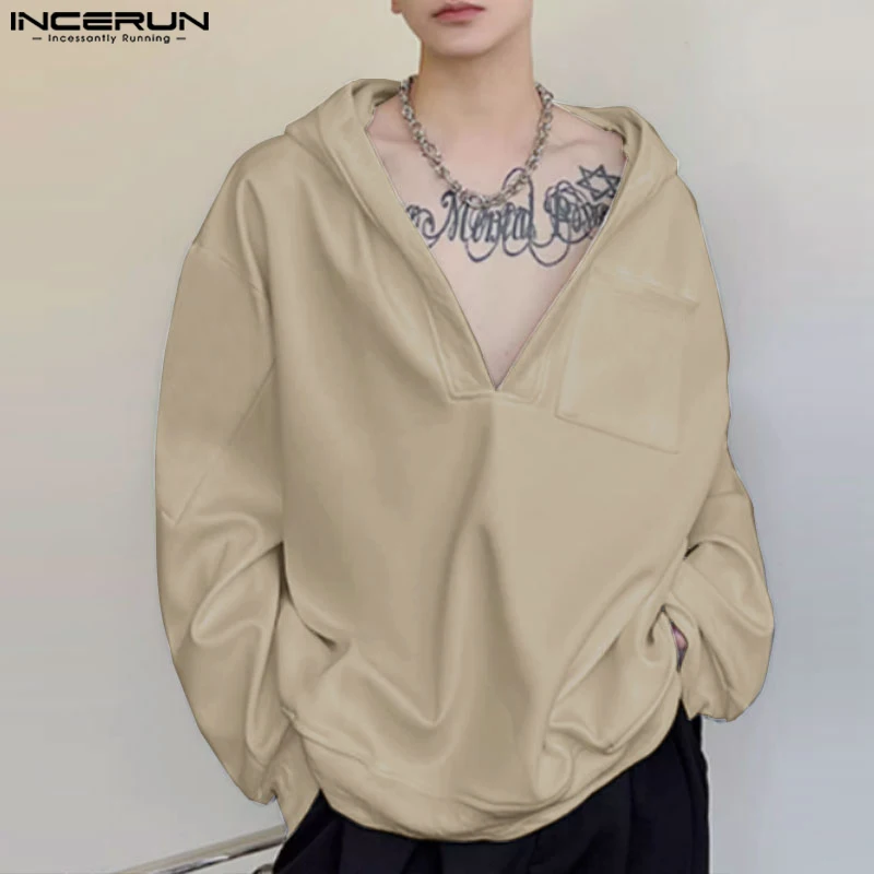 INCERUN Tops 2024 Korean Style Handsome Men V-neck Solid Long Sleeved Hooded Sweatshirt Casual Streetwear Male Sweatshirts S-5XL