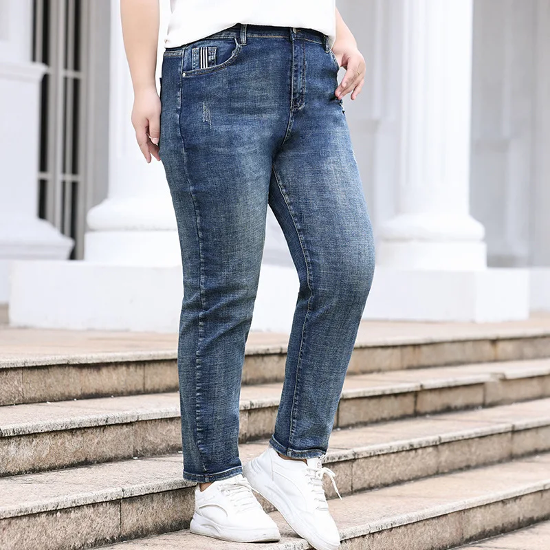 Classic Pencil Jeans Girl Loose 110KG Stretched Casual Plus Size 6XL 5XL 4XL Women Denim Trousers Elastic Female Fit Large Pants