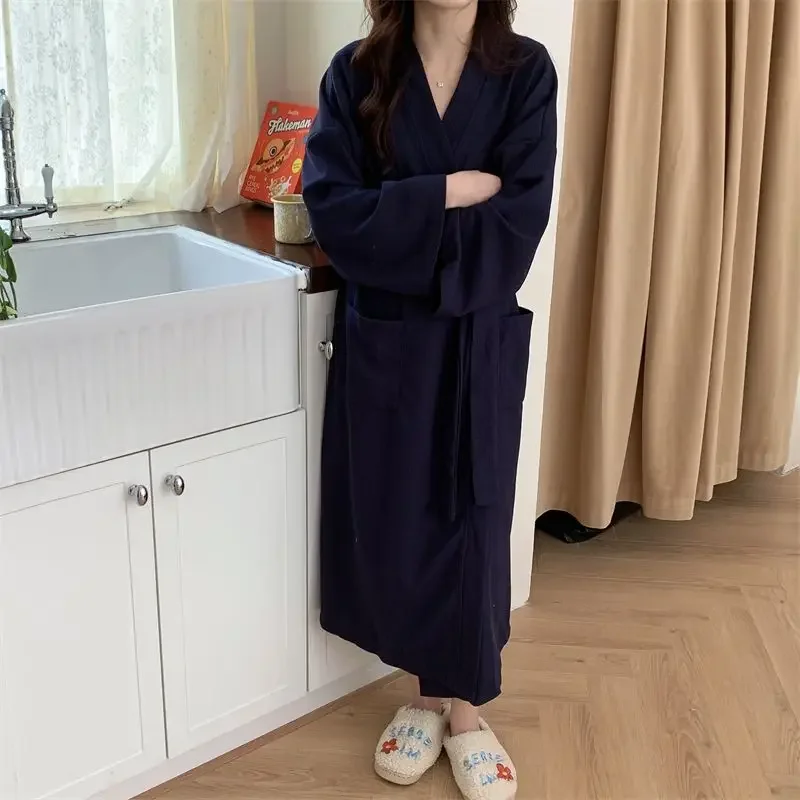 Long Robes Women Solid Simple Casual Fit Comfortable Breathable Homewear Pockets Elegant Korean Style  Sleeve Leisure Robe