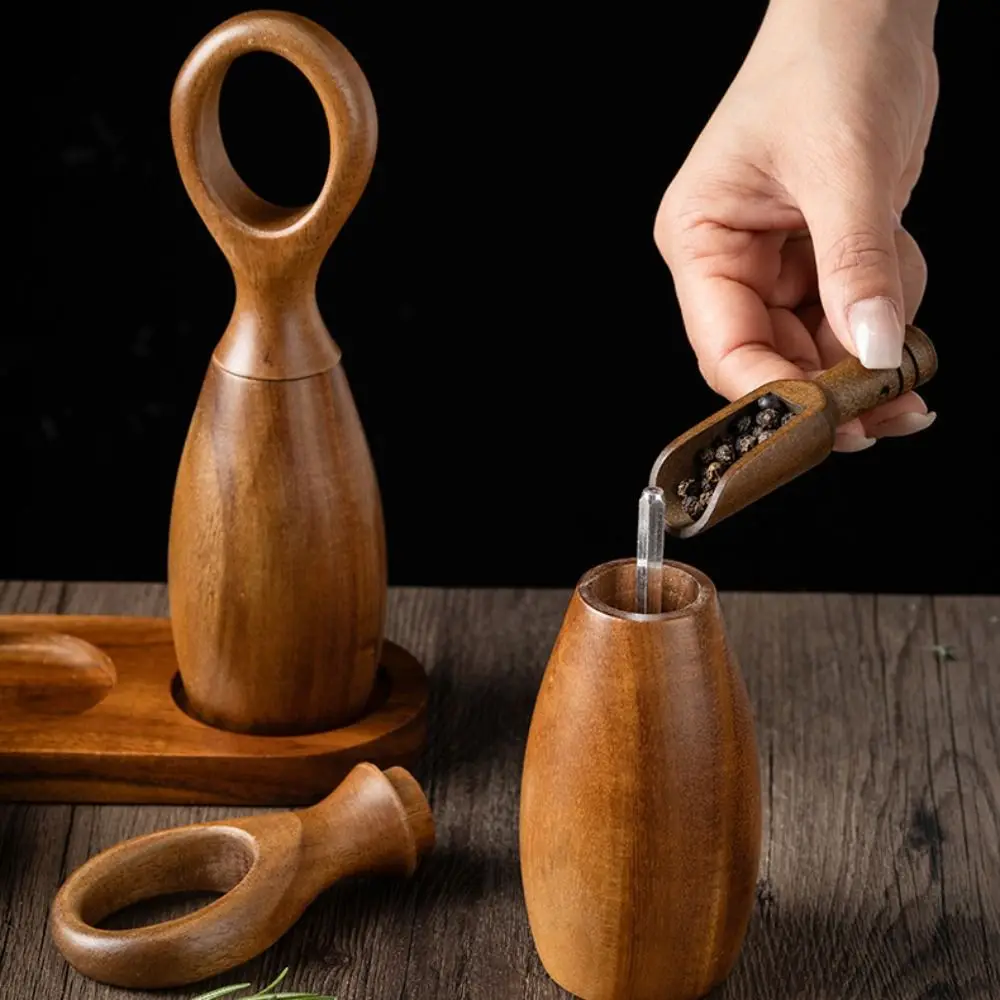 

2pcs Ceramic Core Acacia Wood Pepper Grinder Adjustable Particle Size Nordic Style Pepper Salt Grinding Bottle with Storage Base