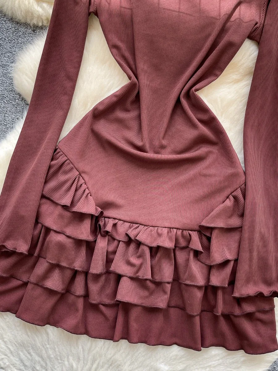 Foamlina francês vintage manga longa vestido de malha outono fino ajuste sofisticado projetado elegante em camadas mini saia vestido