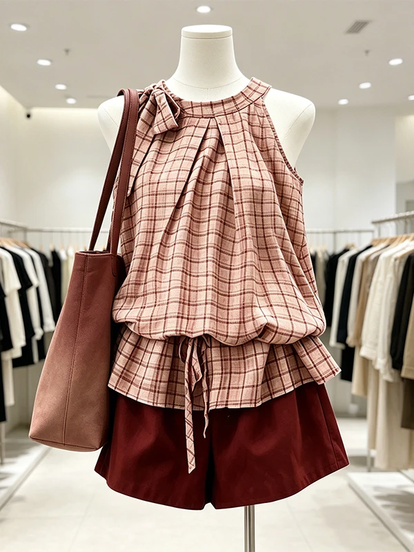 

Summer New Beautiful plus Size Women's Sleeveless Plaid Top A-Line Shorts Set High Waist Short Pants Outfit Korean Style