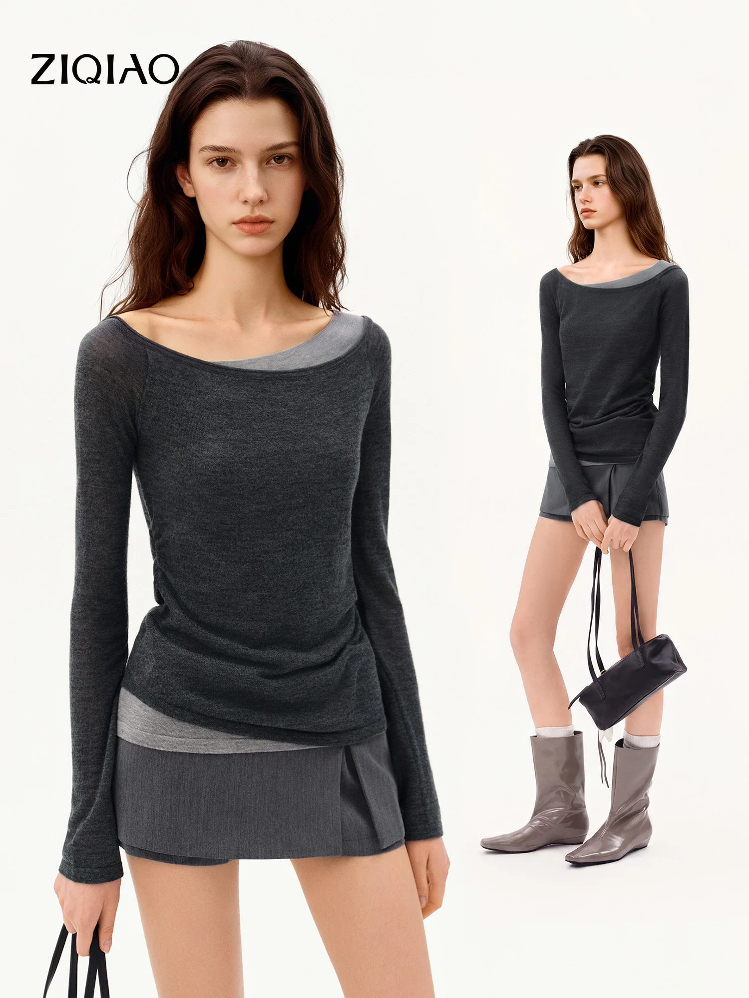 ZIQIAO 2026 Fall New Women's Reversible Fake Two-Piece Knitted Top Boat Neck Design Alpaca Wool Blend Long Sleeve Casual Sweater