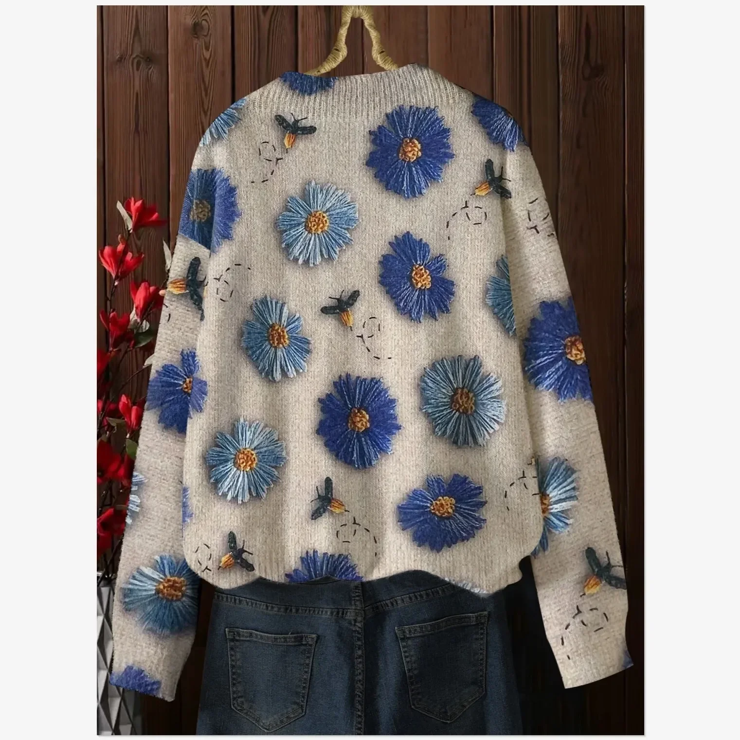 New Autumn Winter Sweater Women Vintage Flowers Printed Sweet O-Neck Long Sleeve Knitted Pullover Jumper Fashion Tops