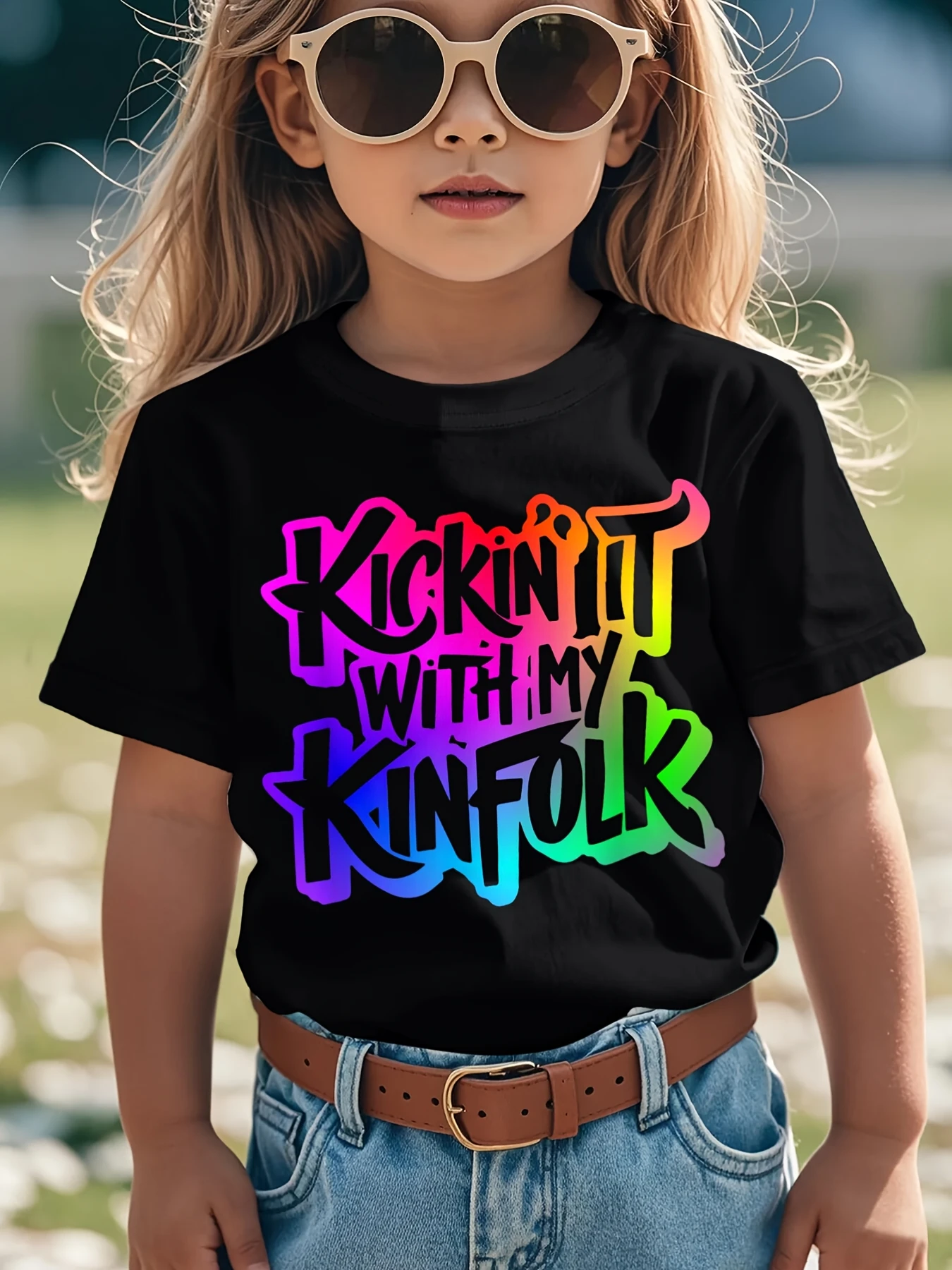 

' "Kickin' It with My Kinfolk" Family Reunion T-Shirt - White Short Sleeve Colorblock Lettering (Pink/Green/Purple/Yellow) - Unisex & Casual Matching Outfits, Round Neck Tee for Family Events & Casual Attire