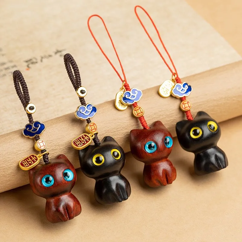 Sandalwood Cat Pendant Key Chain Hand-woven Rope Hanging Ornaments Wooden Cat Key Ring Bag Pendant Car Hanging Accessories