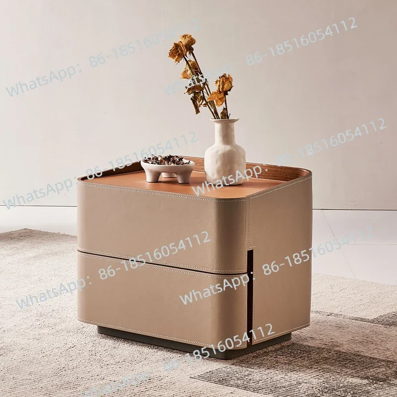 Italian Minimalist Saddle Leather Bedside Cabinet 2025 New Italian Small and Medium Sized Light Luxury Master Bedside Cabinet