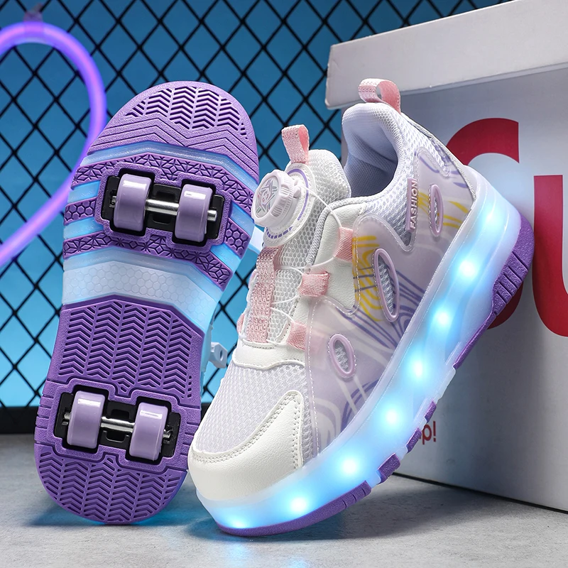 Children Four Wheels Luminous Glowing Sneakers Black Pink Led Light Roller Skate Shoes Kids Led Shoes Boys Girls USB Charging